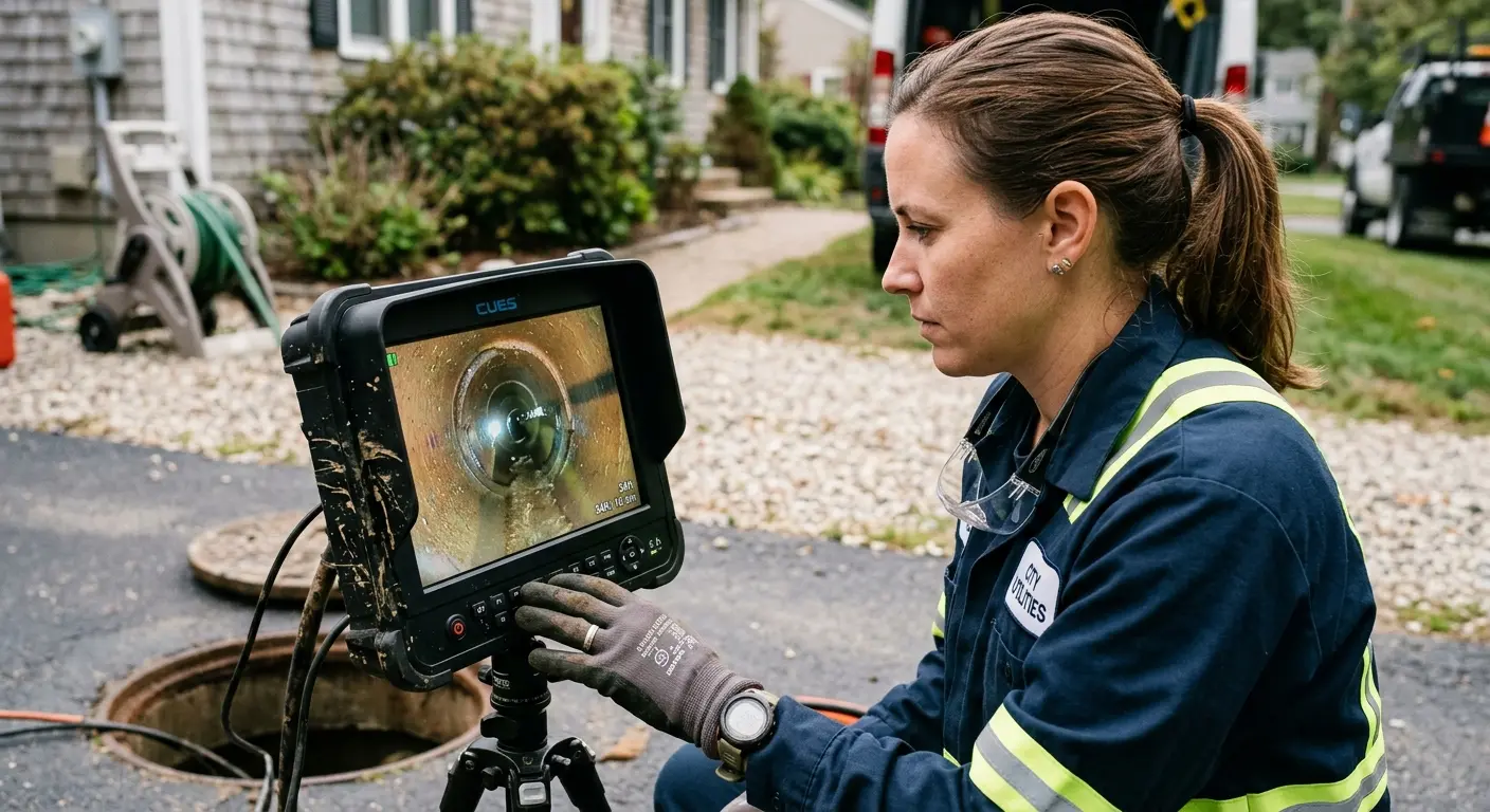 Technician reviewing sewer camera inspection footage in Rocky River