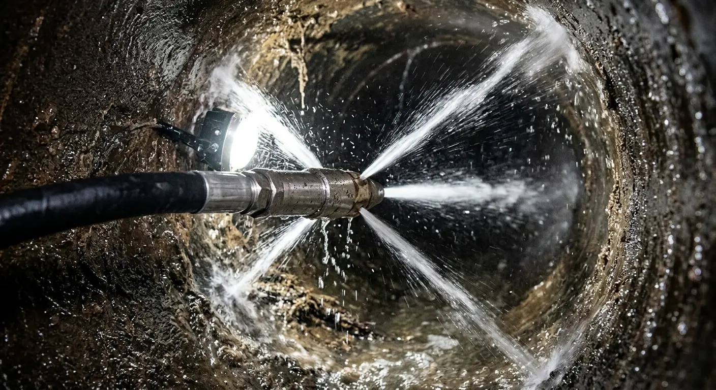 High-pressure hydro jetting nozzle cleaning sewer pipe for Sewer Cleanout in Rocky River