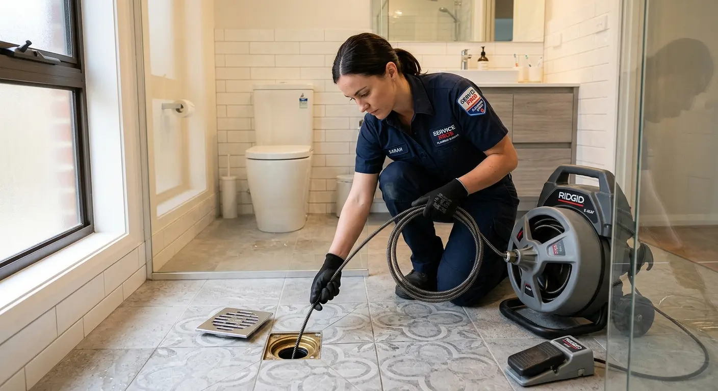 Technician clearing a bathroom floor drain for Hydro Jetting in Rocky River